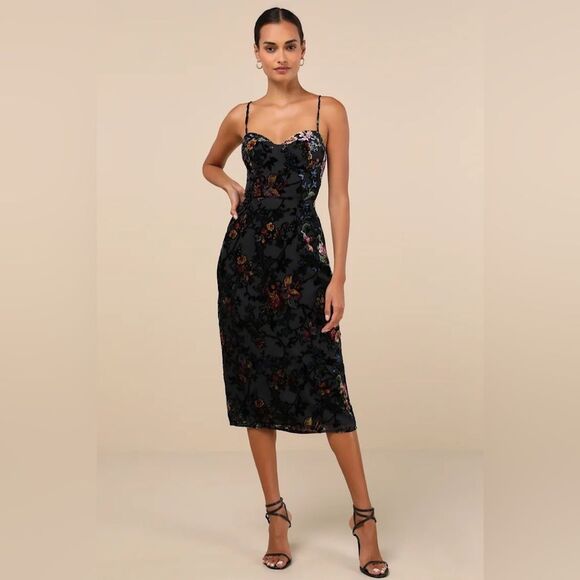 Lulu's Dresses & Skirts - Lulus Moody Allure Black Floral Velvet Burnout Lace-Up Midi Dress
